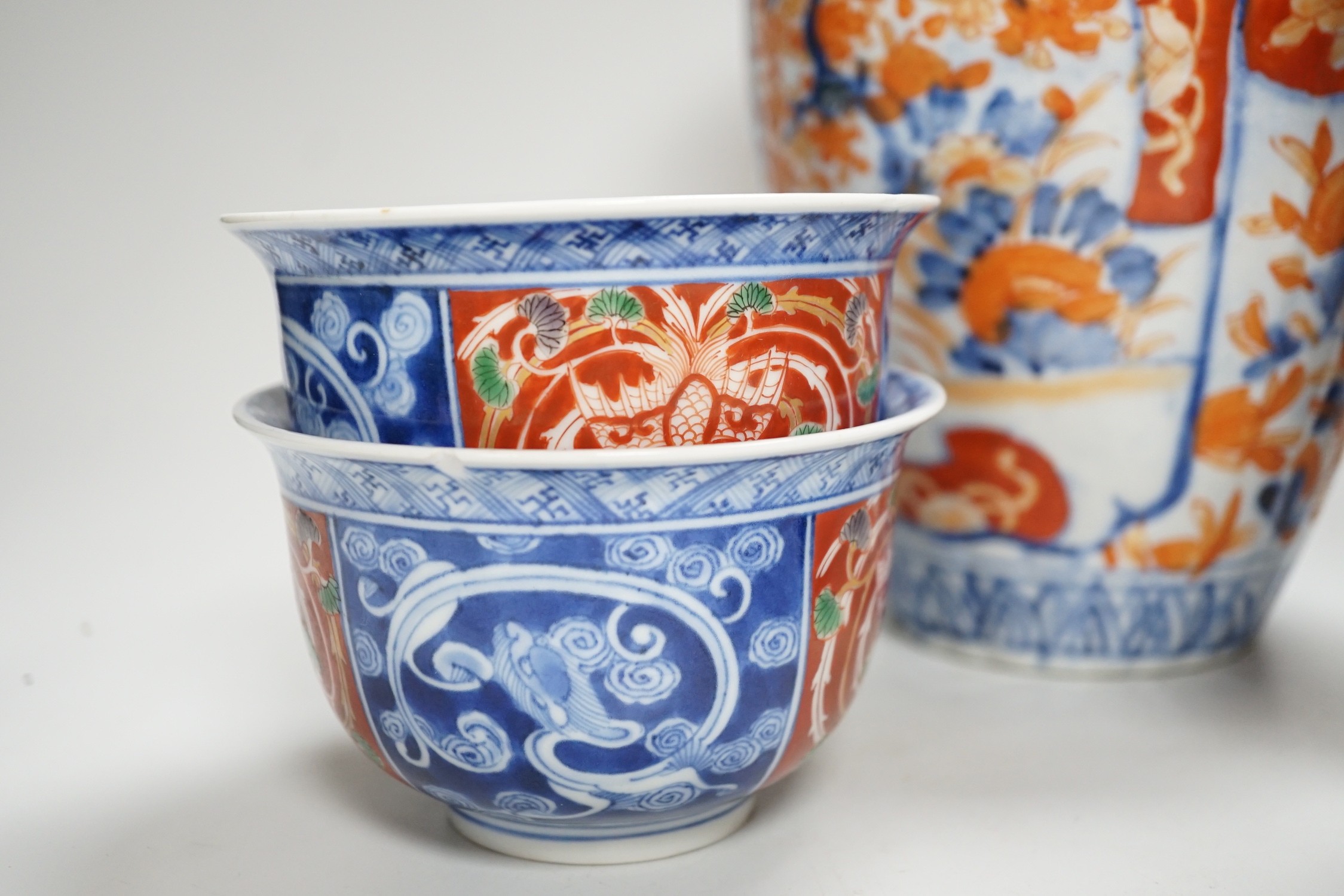 A Chinese prunus vase, 20cm, two Imari vases and a pair of Chinese bowls